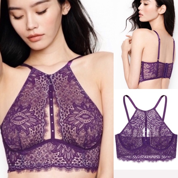 ✨HP✨ VS Leather Lace High-Neck Halter Long-Line Bra 32C - Picture 7 of 8